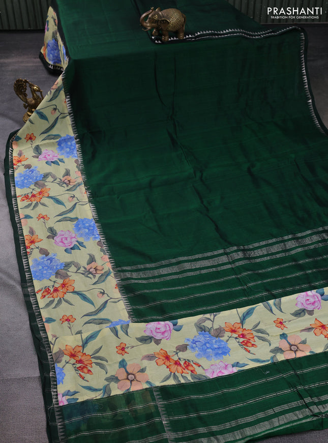 Mangalgiri silk cotton saree bottle green and pale yellow with plain body and long kalamkari printed applique border