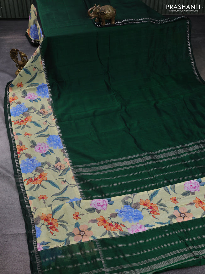 Mangalgiri silk cotton saree bottle green and pale yellow with plain body and long kalamkari printed applique border