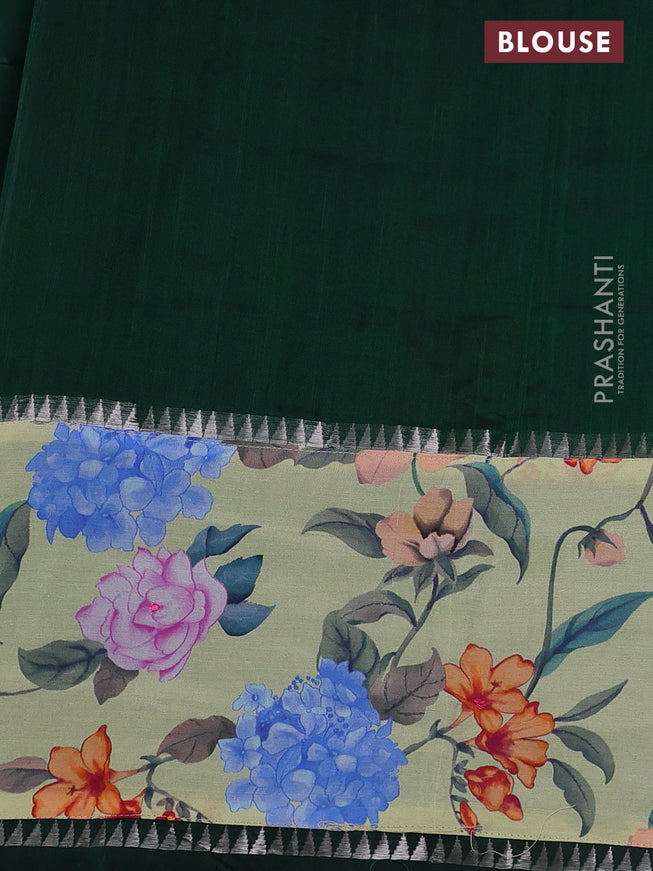 Mangalgiri silk cotton saree bottle green and pale yellow with plain body and long kalamkari printed applique border