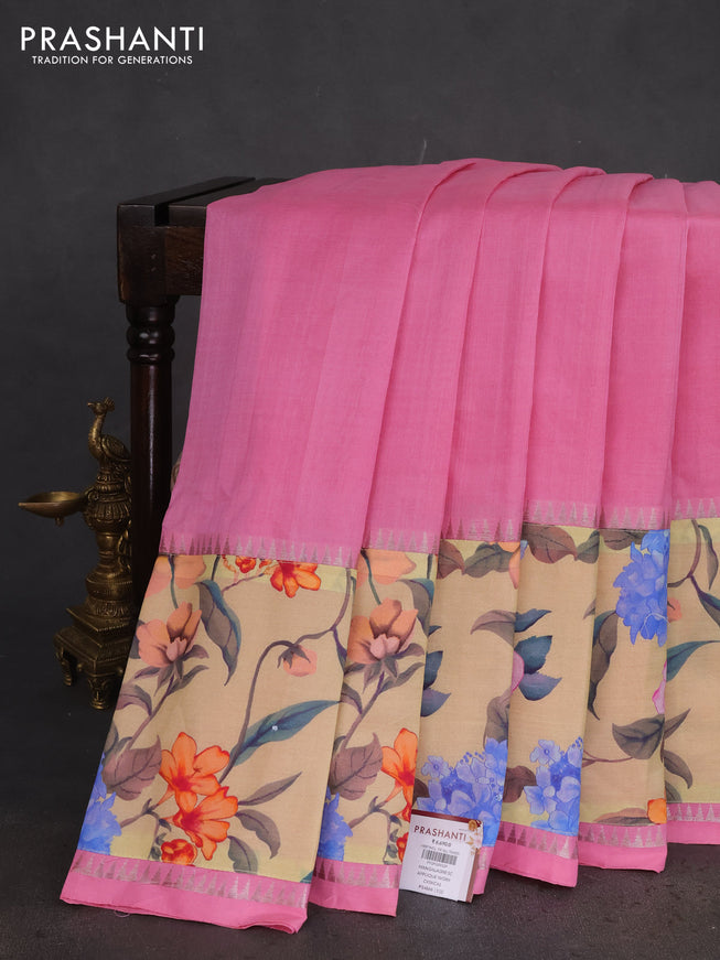 Mangalgiri silk cotton saree light pink and pale yellow with plain body and long kalamkari printed applique border