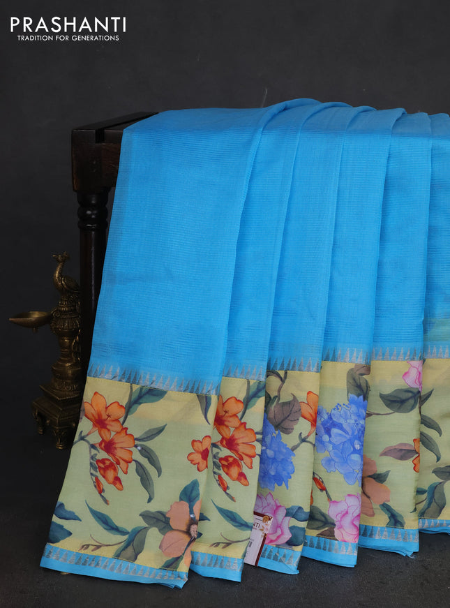 Mangalgiri silk cotton saree teal blue and pale yellow with plain body and long kalamkari printed applique border