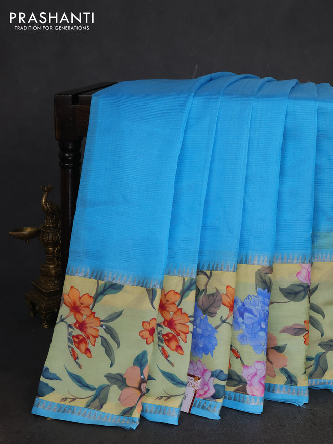 Mangalgiri silk cotton saree teal blue and pale yellow with plain body and long kalamkari printed applique border