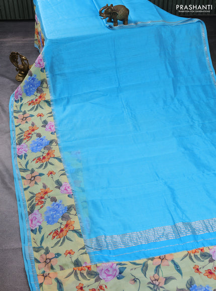 Mangalgiri silk cotton saree teal blue and pale yellow with plain body and long kalamkari printed applique border