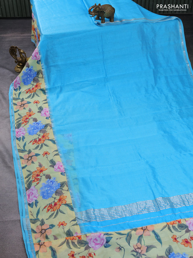 Mangalgiri silk cotton saree teal blue and pale yellow with plain body and long kalamkari printed applique border