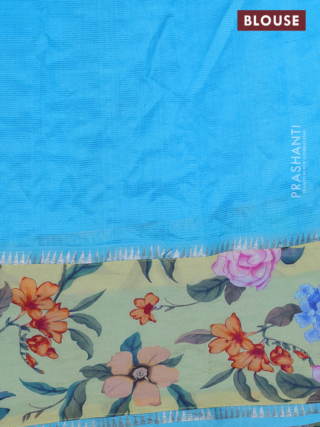 Mangalgiri silk cotton saree teal blue and pale yellow with plain body and long kalamkari printed applique border