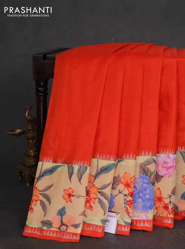 Mangalgiri silk cotton saree orange and pale yellow with plain body and long kalamkari printed applique border
