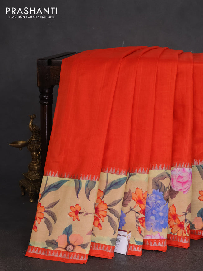 Mangalgiri silk cotton saree orange and pale yellow with plain body and long kalamkari printed applique border