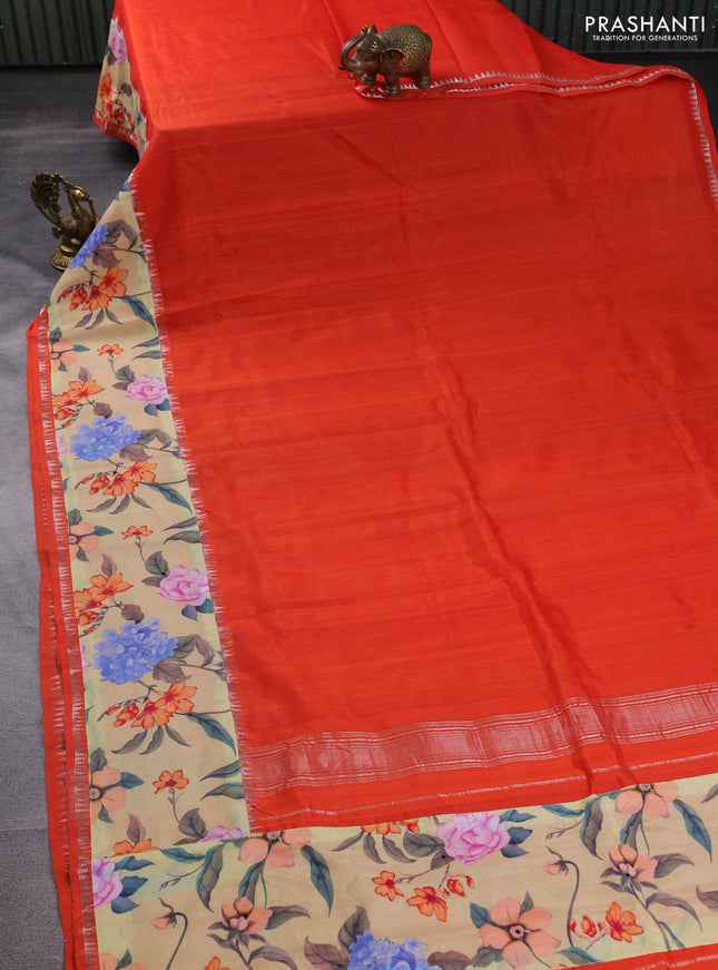 Mangalgiri silk cotton saree orange and pale yellow with plain body and long kalamkari printed applique border