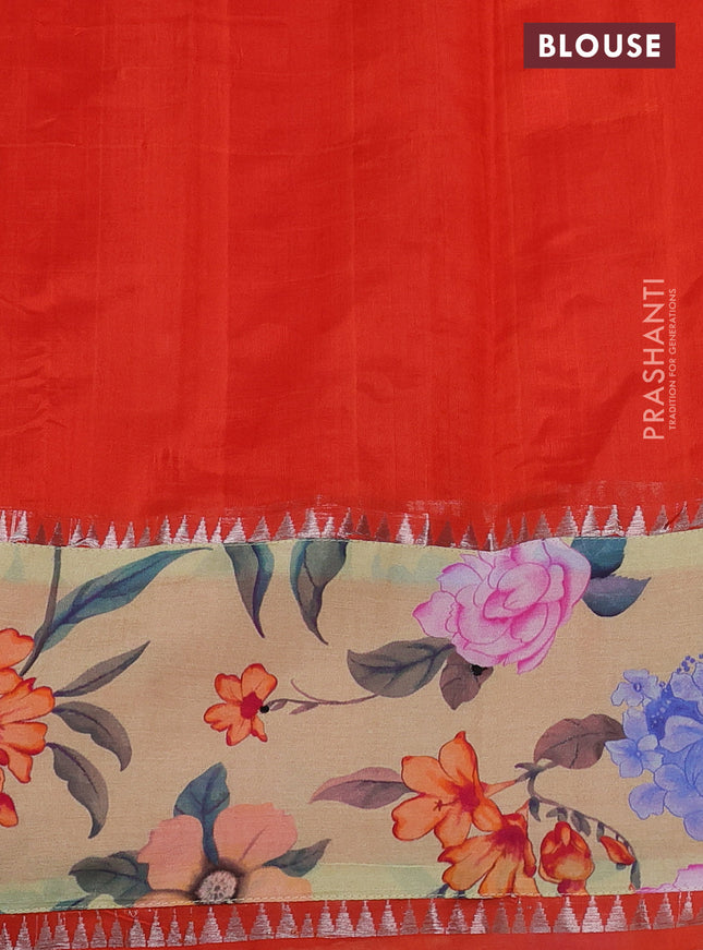 Mangalgiri silk cotton saree orange and pale yellow with plain body and long kalamkari printed applique border