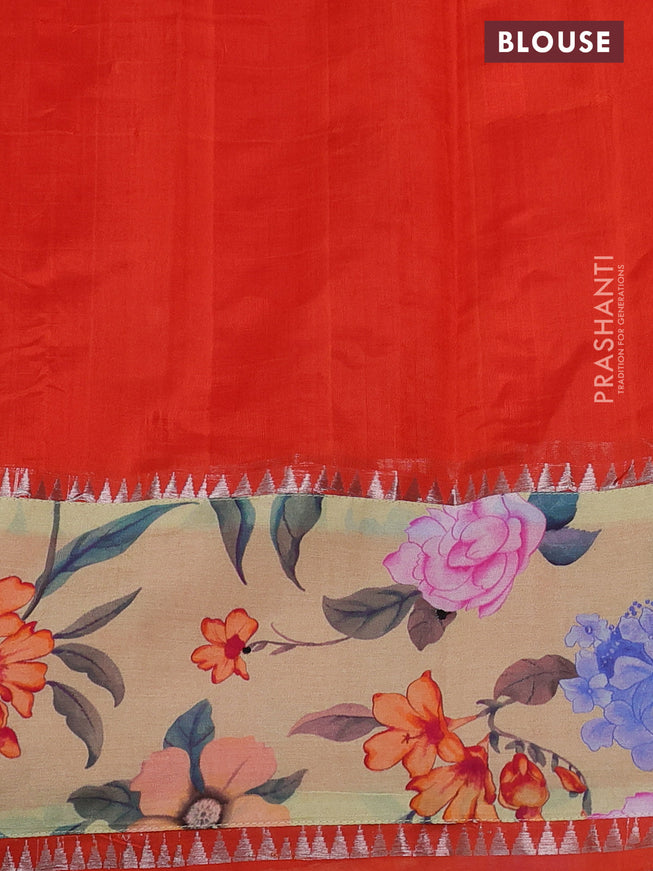 Mangalgiri silk cotton saree orange and pale yellow with plain body and long kalamkari printed applique border