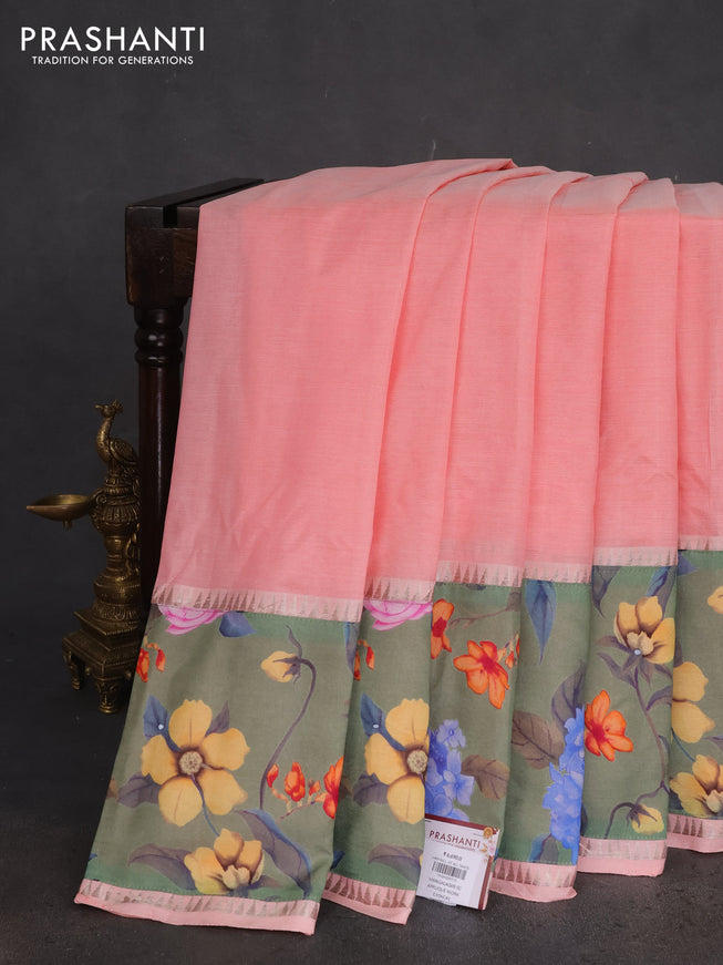 Mangalgiri silk cotton saree mild peach pink and green shade with plain body and long kalamkari printed applique border