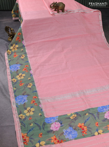 Mangalgiri silk cotton saree mild peach pink and green shade with plain body and long kalamkari printed applique border