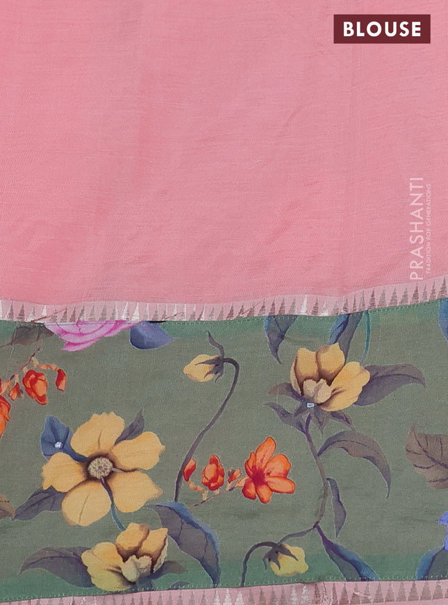 Mangalgiri silk cotton saree mild peach pink and green shade with plain body and long kalamkari printed applique border