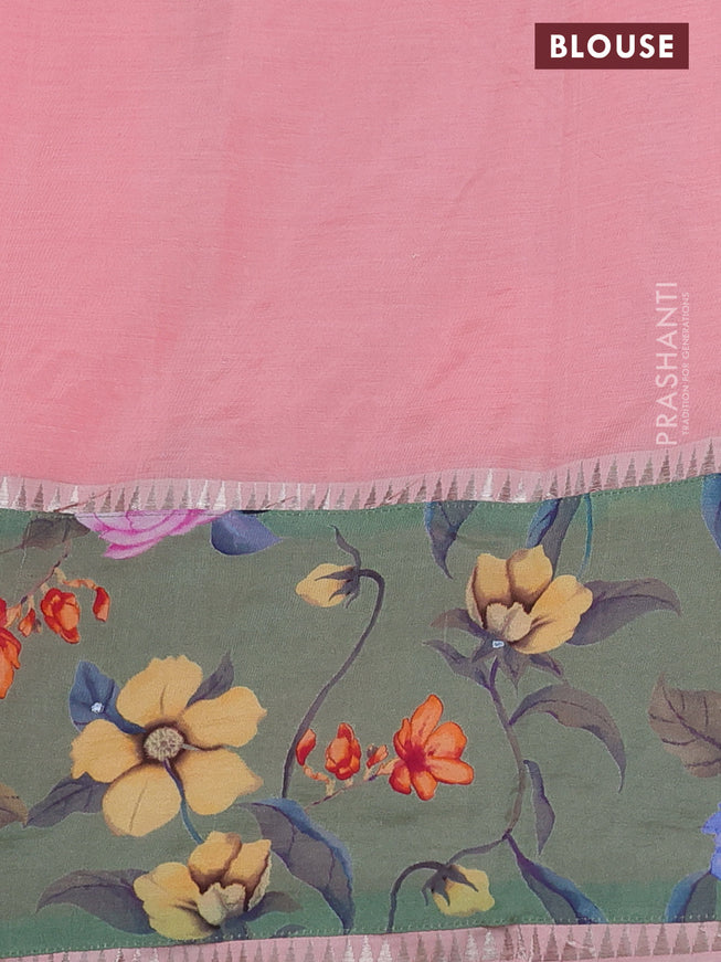 Mangalgiri silk cotton saree mild peach pink and green shade with plain body and long kalamkari printed applique border