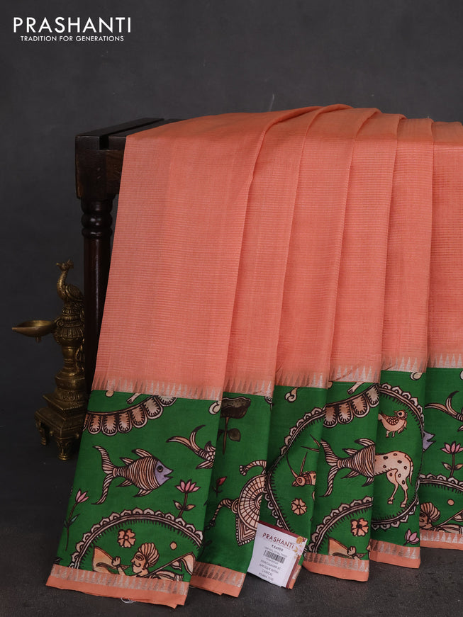 Mangalgiri silk cotton saree pastel peach and green with plain body and long kalamkari printed applique border