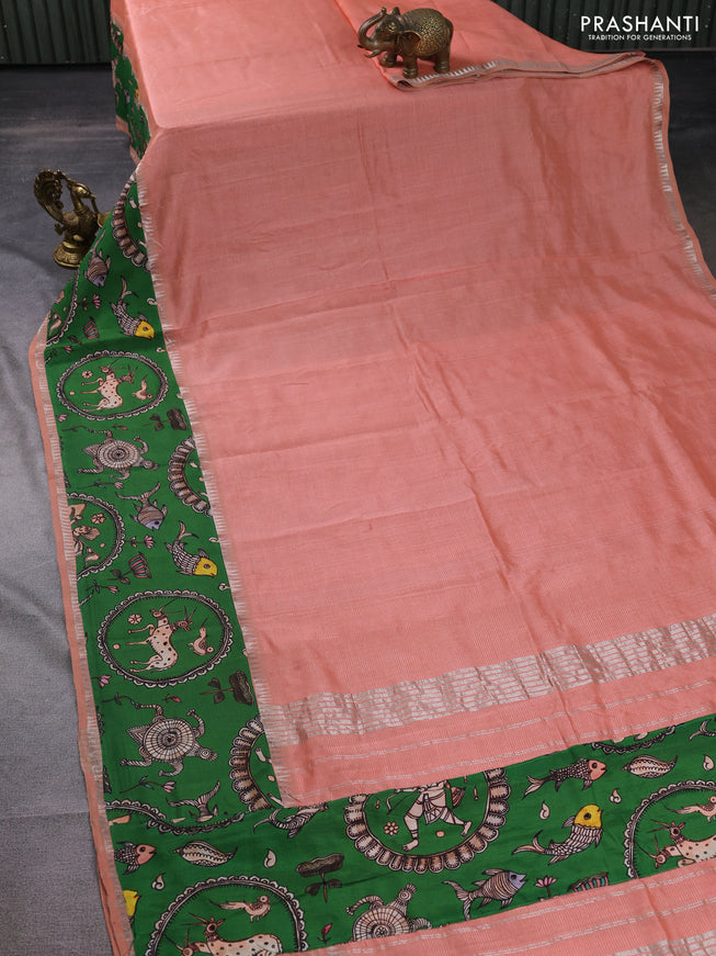 Mangalgiri silk cotton saree pastel peach and green with plain body and long kalamkari printed applique border