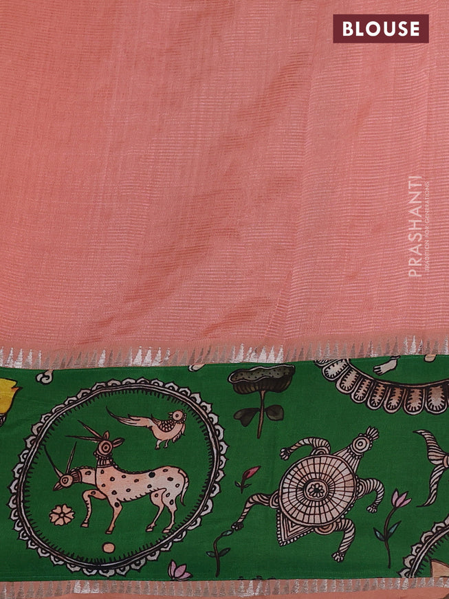 Mangalgiri silk cotton saree pastel peach and green with plain body and long kalamkari printed applique border