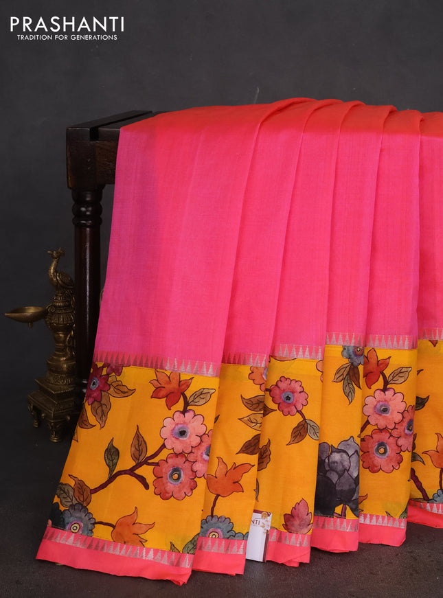 Mangalgiri silk cotton saree candy pink and yellow with plain body and long kalamkari printed applique border