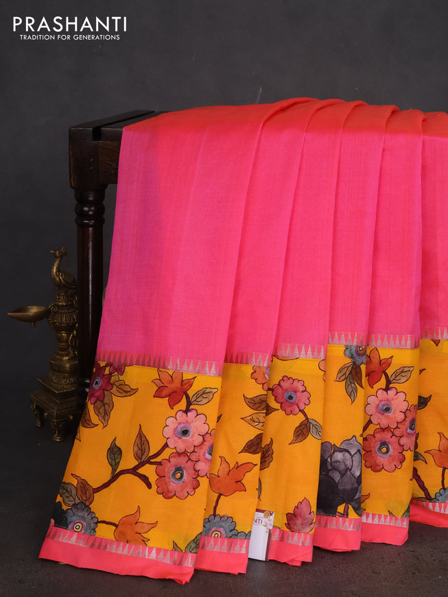 Mangalgiri silk cotton saree candy pink and yellow with plain body and long kalamkari printed applique border