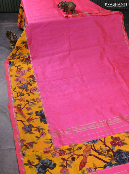 Mangalgiri silk cotton saree candy pink and yellow with plain body and long kalamkari printed applique border