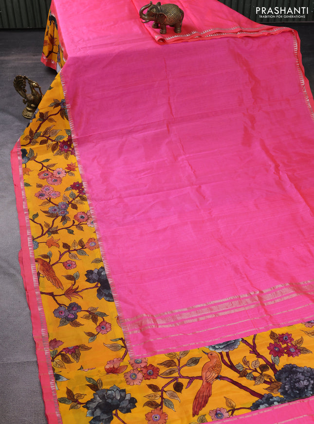 Mangalgiri silk cotton saree candy pink and yellow with plain body and long kalamkari printed applique border