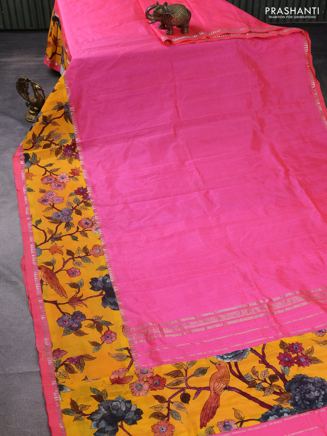 Mangalgiri silk cotton saree candy pink and yellow with plain body and long kalamkari printed applique border