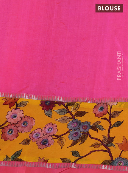 Mangalgiri silk cotton saree candy pink and yellow with plain body and long kalamkari printed applique border