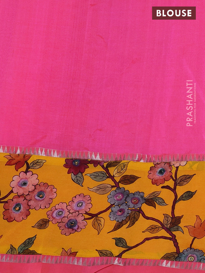Mangalgiri silk cotton saree candy pink and yellow with plain body and long kalamkari printed applique border