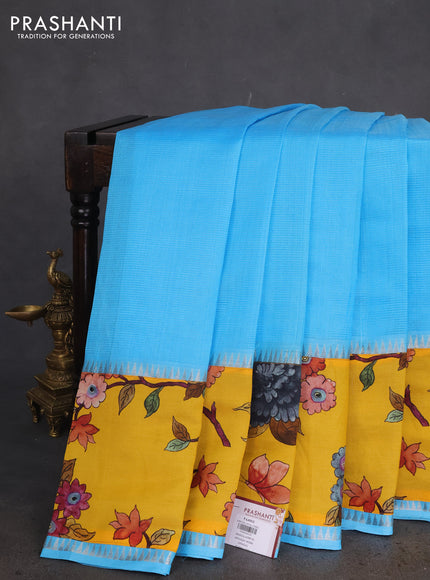 Mangalgiri silk cotton saree light blue and yellow with plain body and long kalamkari printed applique border