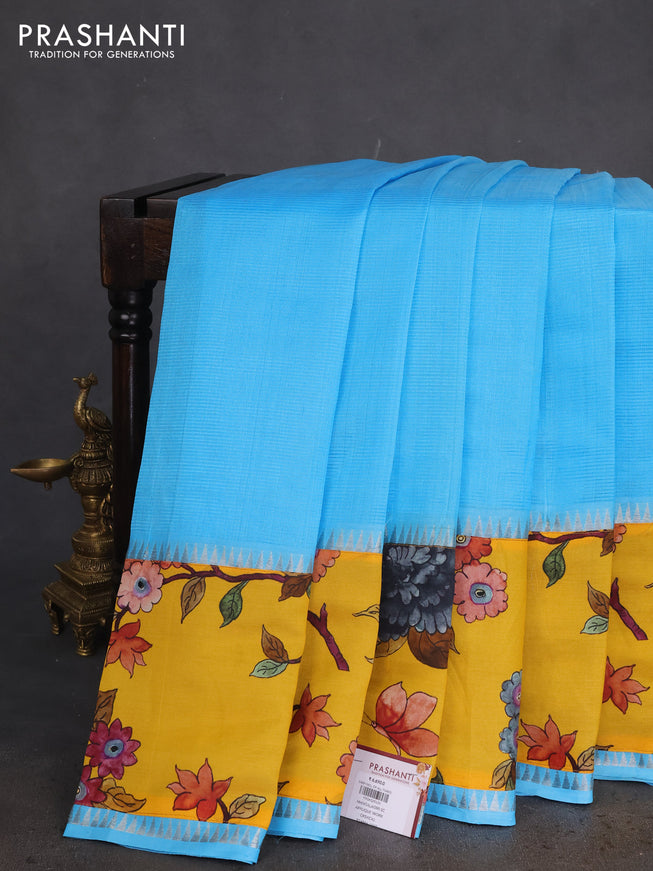 Mangalgiri silk cotton saree light blue and yellow with plain body and long kalamkari printed applique border