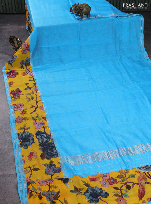 Mangalgiri silk cotton saree light blue and yellow with plain body and long kalamkari printed applique border