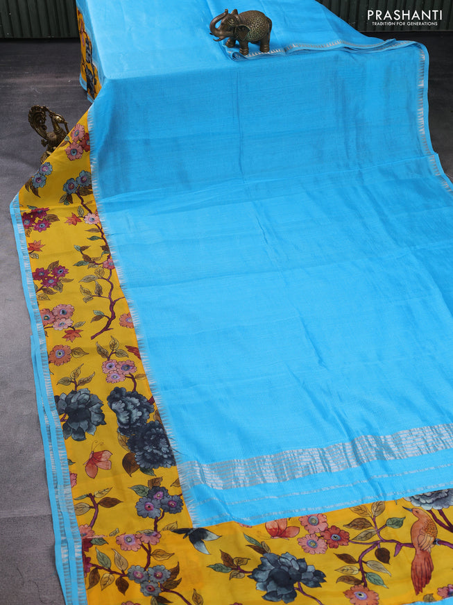 Mangalgiri silk cotton saree light blue and yellow with plain body and long kalamkari printed applique border