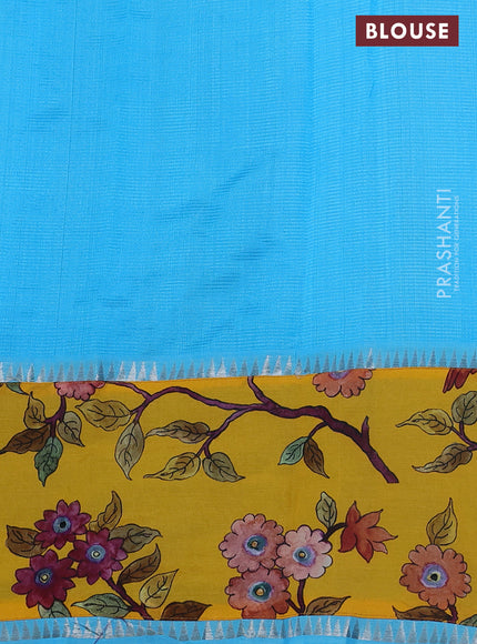 Mangalgiri silk cotton saree light blue and yellow with plain body and long kalamkari printed applique border