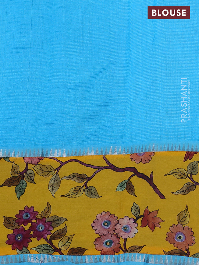 Mangalgiri silk cotton saree light blue and yellow with plain body and long kalamkari printed applique border