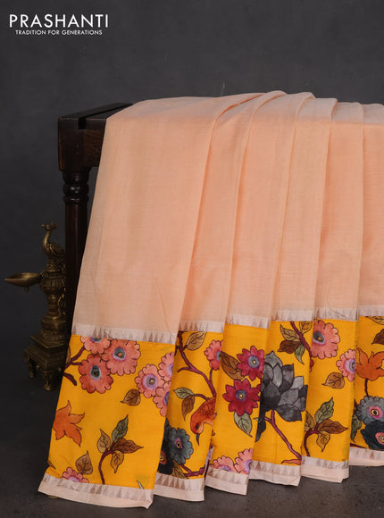 Mangalgiri silk cotton saree pale orange and yellow with plain body and long kalamkari printed applique border
