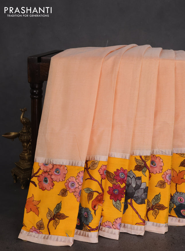 Mangalgiri silk cotton saree pale orange and yellow with plain body and long kalamkari printed applique border