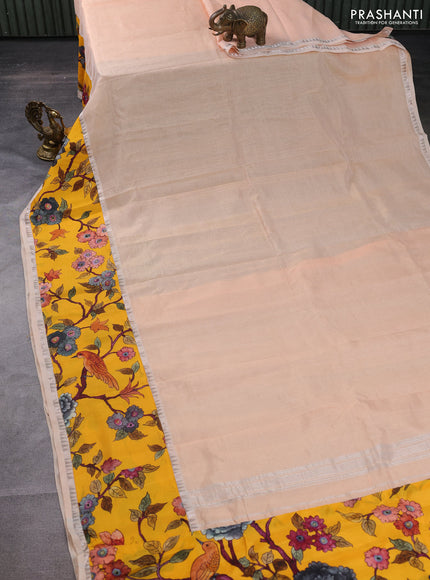 Mangalgiri silk cotton saree pale orange and yellow with plain body and long kalamkari printed applique border