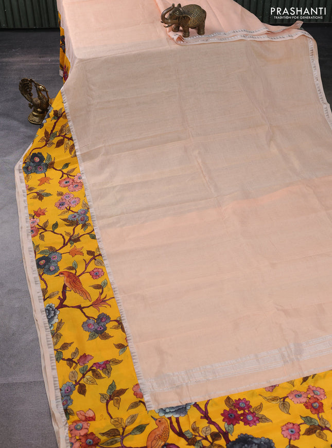 Mangalgiri silk cotton saree pale orange and yellow with plain body and long kalamkari printed applique border
