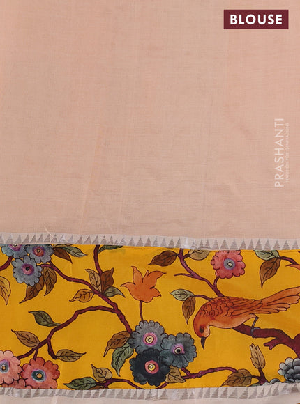 Mangalgiri silk cotton saree pale orange and yellow with plain body and long kalamkari printed applique border