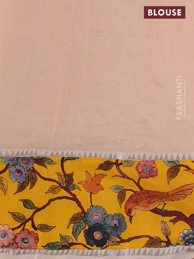 Mangalgiri silk cotton saree pale orange and yellow with plain body and long kalamkari printed applique border