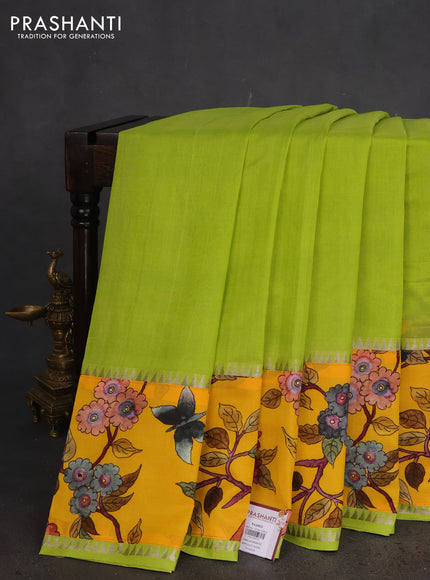 Mangalgiri silk cotton saree light green and yellow with plain body and long kalamkari printed applique border