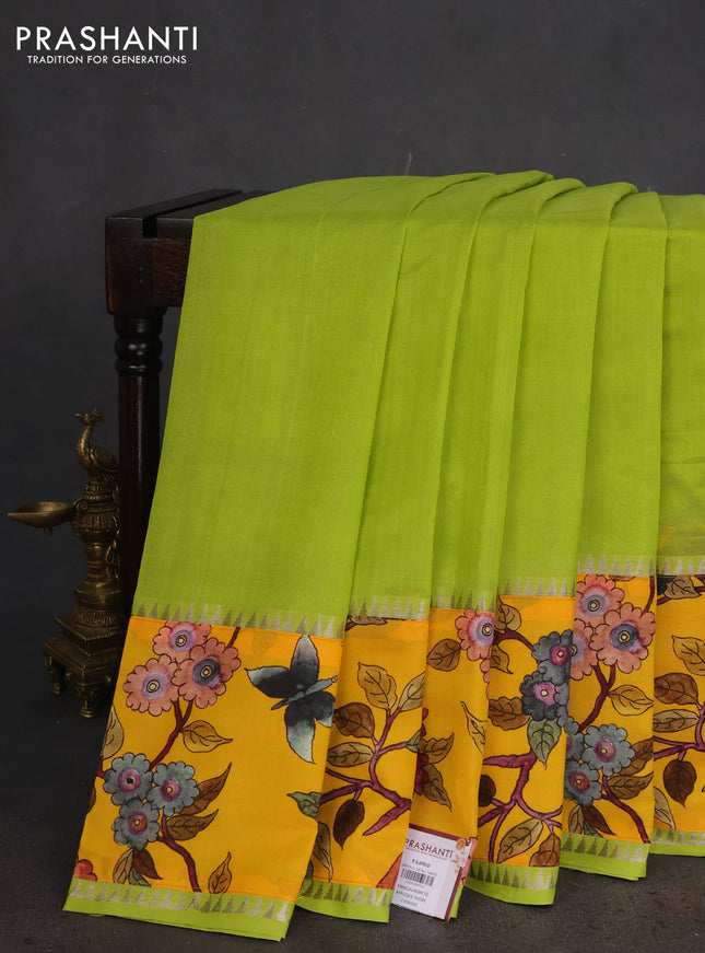 Mangalgiri silk cotton saree light green and yellow with plain body and long kalamkari printed applique border