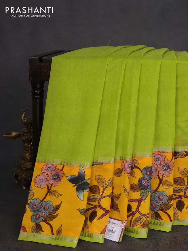 Mangalgiri silk cotton saree light green and yellow with plain body and long kalamkari printed applique border