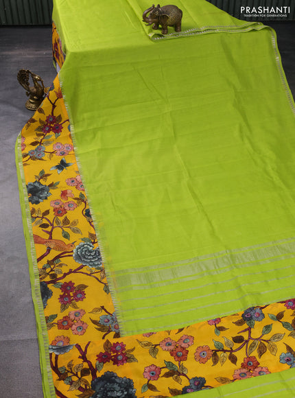 Mangalgiri silk cotton saree light green and yellow with plain body and long kalamkari printed applique border