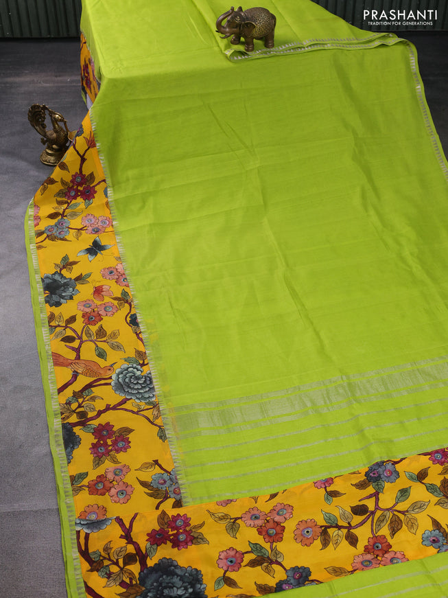 Mangalgiri silk cotton saree light green and yellow with plain body and long kalamkari printed applique border