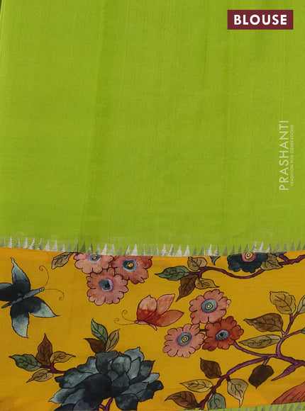 Mangalgiri silk cotton saree light green and yellow with plain body and long kalamkari printed applique border