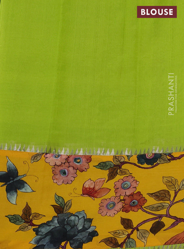 Mangalgiri silk cotton saree light green and yellow with plain body and long kalamkari printed applique border
