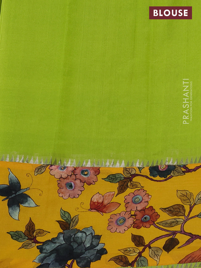 Mangalgiri silk cotton saree light green and yellow with plain body and long kalamkari printed applique border