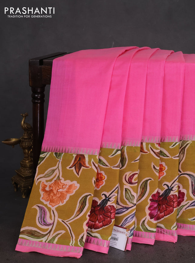 Mangalgiri silk cotton saree light pink and mehendi green with plain body and long kalamkari printed applique border