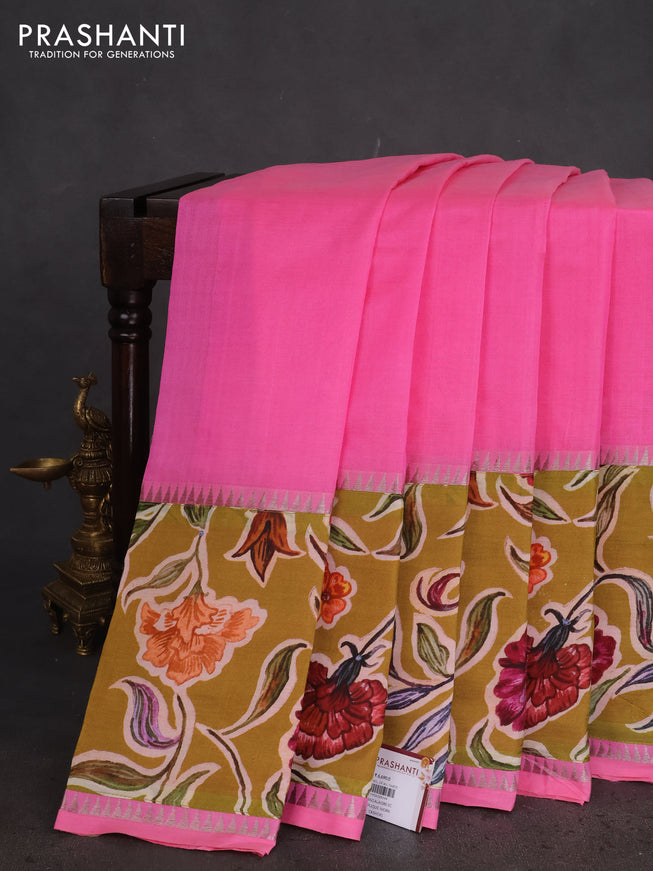 Mangalgiri silk cotton saree light pink and mehendi green with plain body and long kalamkari printed applique border
